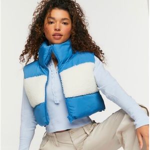 Cropped Puffer Colorblock Faux Shearling Vest Size Large